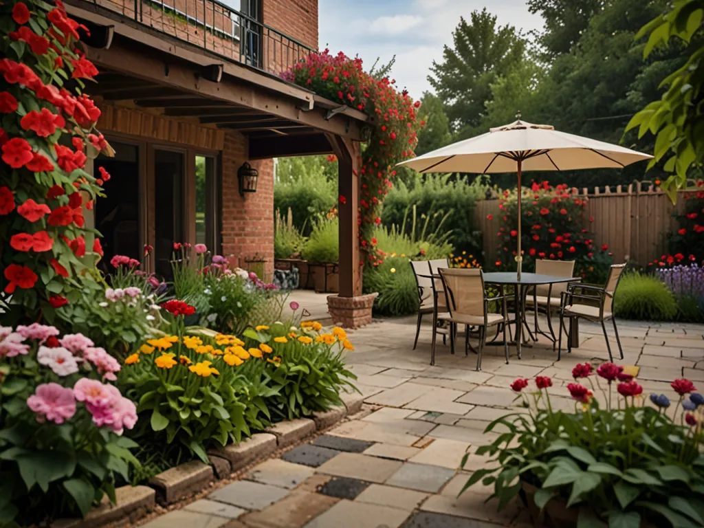 Uteplats omgiven av sommarblommor